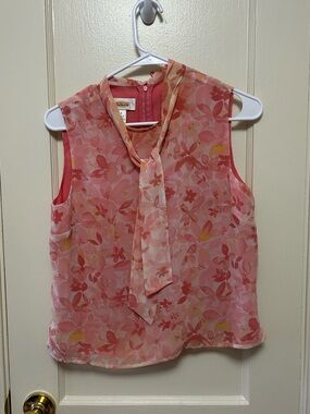 Vintage Talbots Sleeveless Pink Floral Tie-Neck Blouse